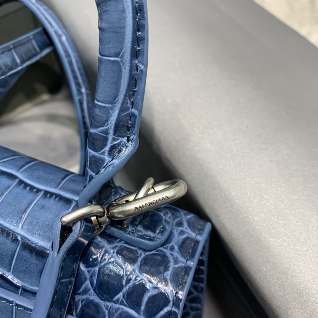 Balenciaga Hourglass XS Handbag Crocodile Embossed Shoulder Bag Gray Blue